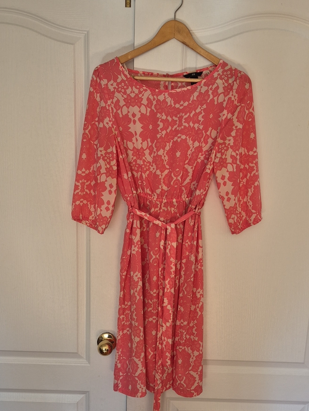 H&M Coral and Cream Lace-Print Belted Midi Dress